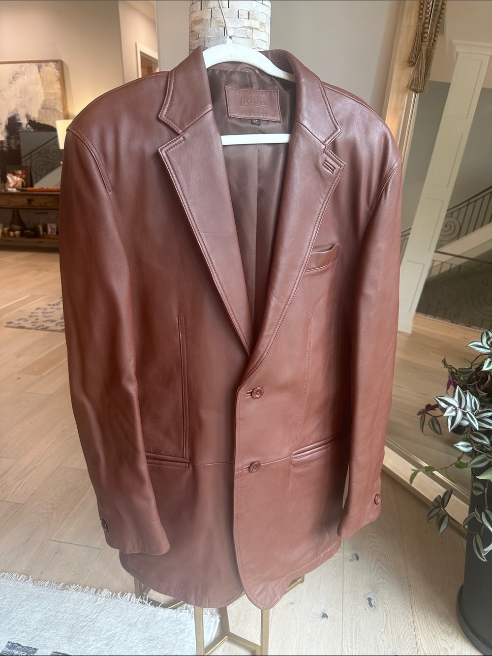 Men's Tan Leather Blazer - Classic Two-Button Sport Coat